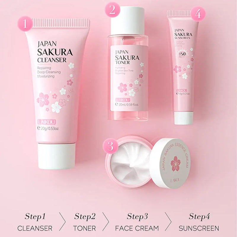 Conjuntos e Kits de Cuidados com a Pele Sakura Com Limpador, Soro, Creme para os Olhos, Creme de Essência Produtos de Beleza Para Mulheres Conjuntos de Presente Kit de Viagem de Rotina