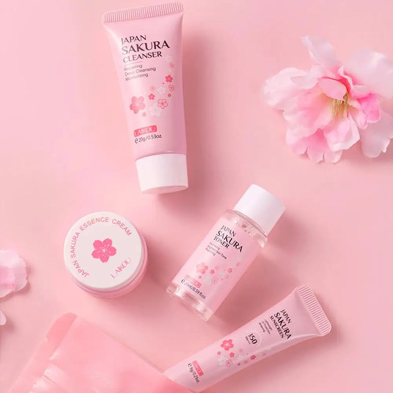 Conjuntos e Kits de Cuidados com a Pele Sakura Com Limpador, Soro, Creme para os Olhos, Creme de Essência Produtos de Beleza Para Mulheres Conjuntos de Presente Kit de Viagem de Rotina