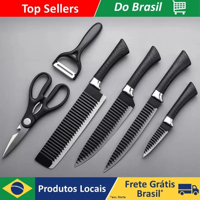 Conjunto de Ferramentas 6 Peças Brasil - Conjunto de Facas Black Wave em Aço Inoxidável, Faca de Chef, Faca para Frutas