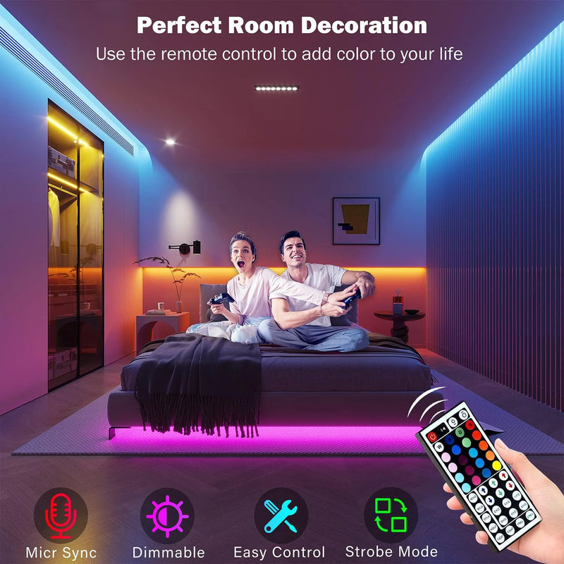 Fita de LED RGB para Ambientes – Disponível em 5m, 10m, 20m e 30m. Luz ambiente com controle via aplicativo, fita flexível para decoração de quartos e outros ambientes.