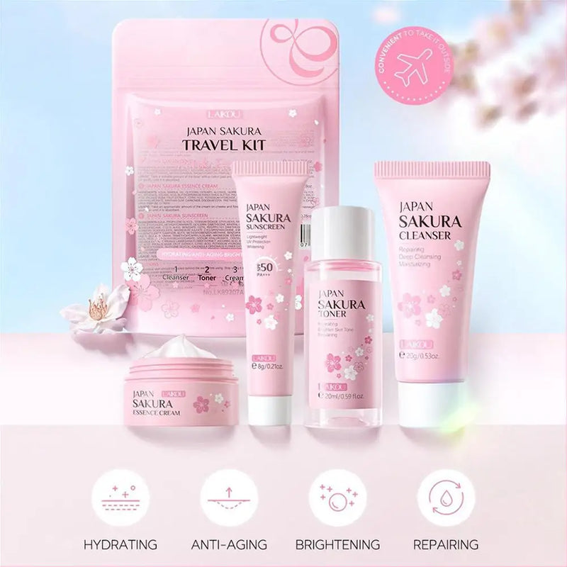 Conjuntos e Kits de Cuidados com a Pele Sakura Com Limpador, Soro, Creme para os Olhos, Creme de Essência Produtos de Beleza Para Mulheres Conjuntos de Presente Kit de Viagem de Rotina