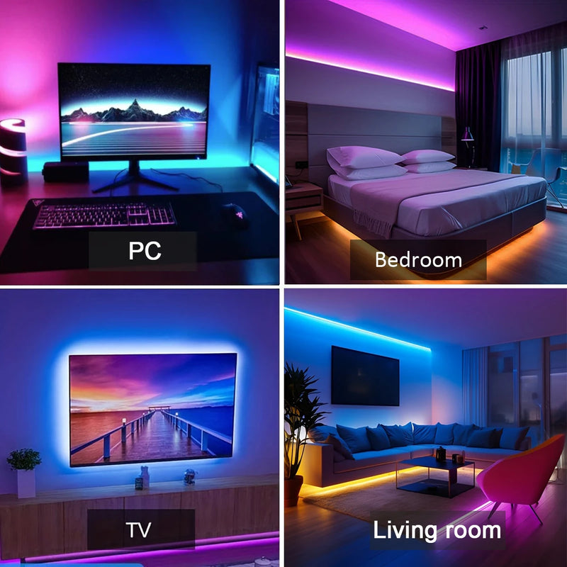 Fita de LED RGB para Ambientes – Disponível em 5m, 10m, 20m e 30m. Luz ambiente com controle via aplicativo, fita flexível para decoração de quartos e outros ambientes.